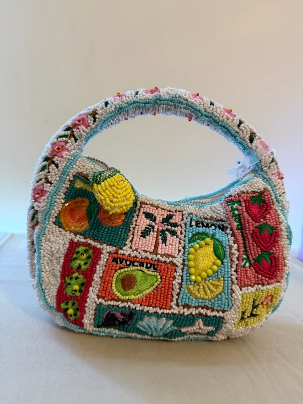 Beaded Fruit Patch Shoulder Bag - White & Aqua - Picture 3 of 5